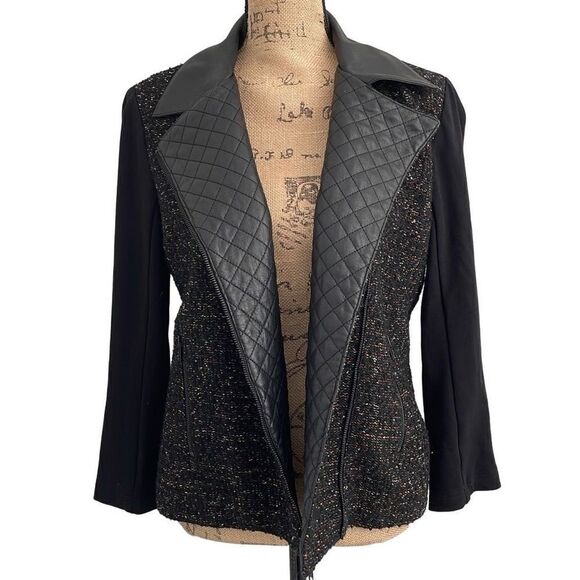 EUC Bailey 44 Nordstrom Tweed Faux Leather Quilted Collar Trim Moto Jacket Size - Picture 6 of 11